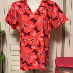 SB Scrubs Red and Pink Butterfly V-Neck Blouse